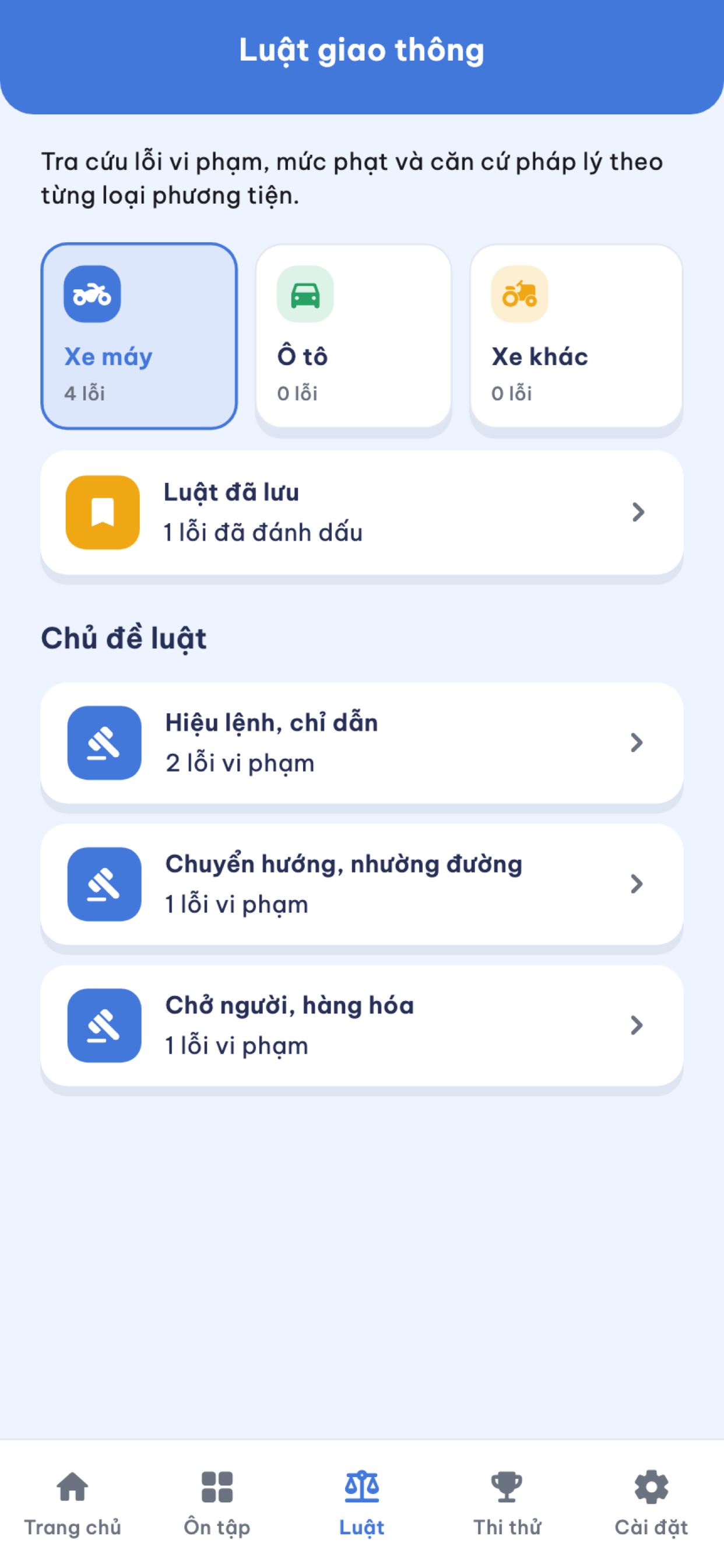 Màn hình tra cứu luật giao thông