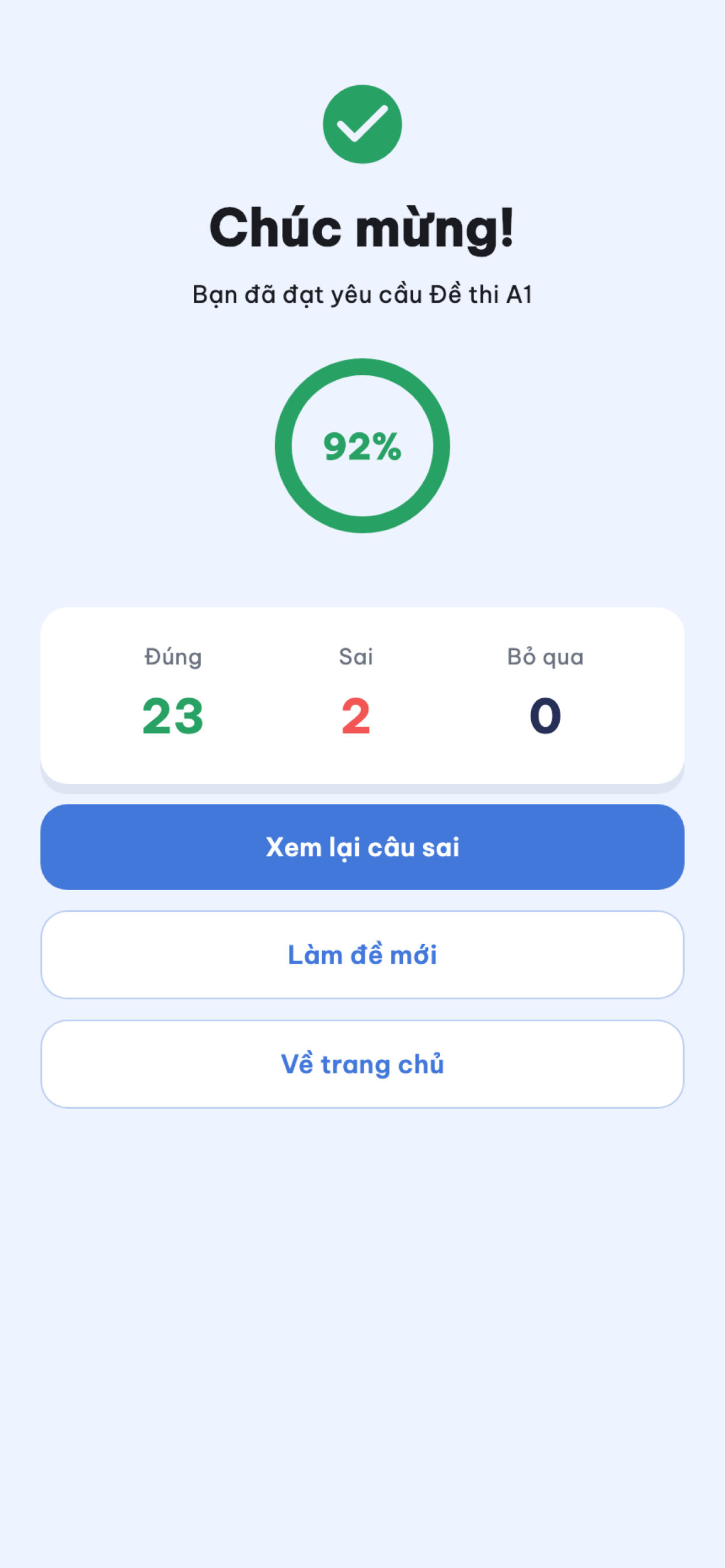 Màn hình kết quả thi thử