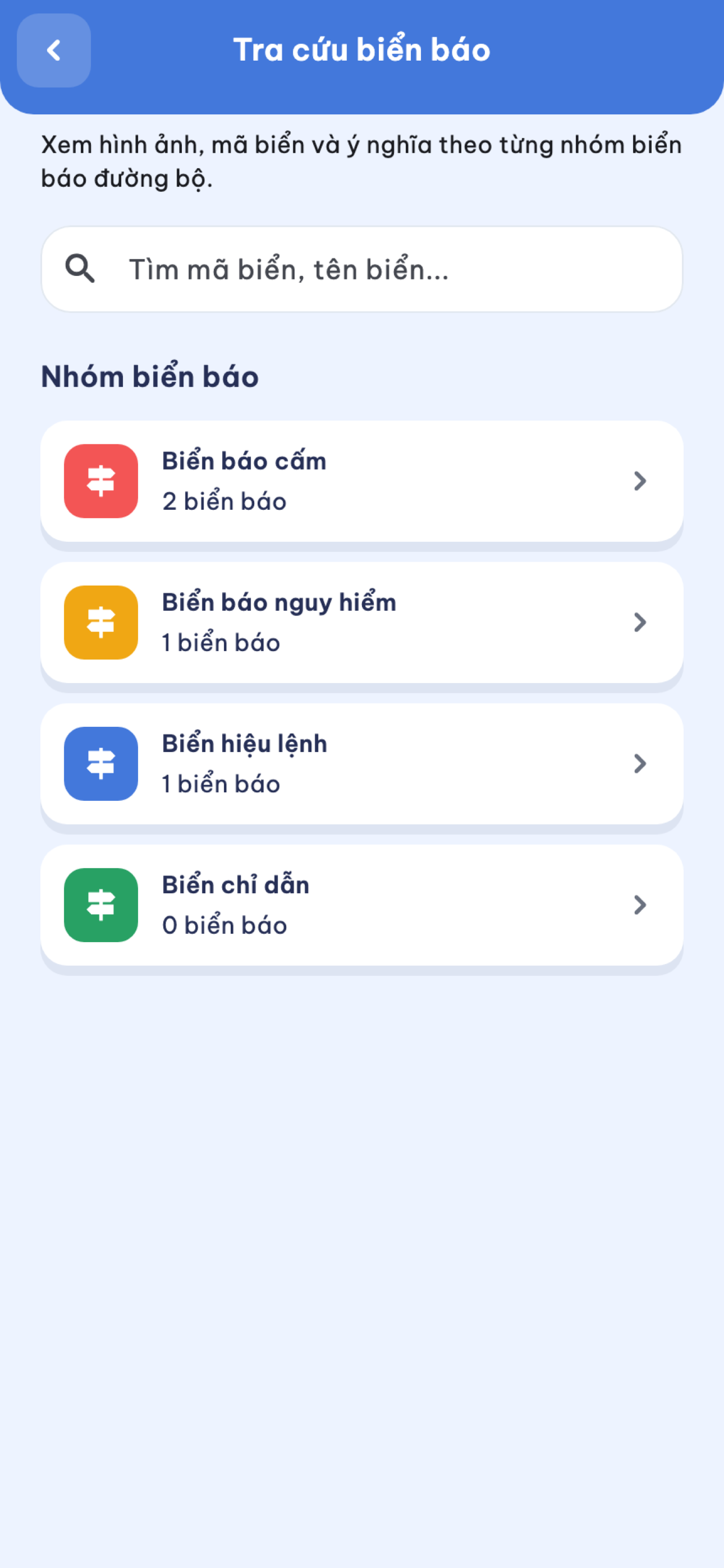 Màn hình tra cứu biển báo
