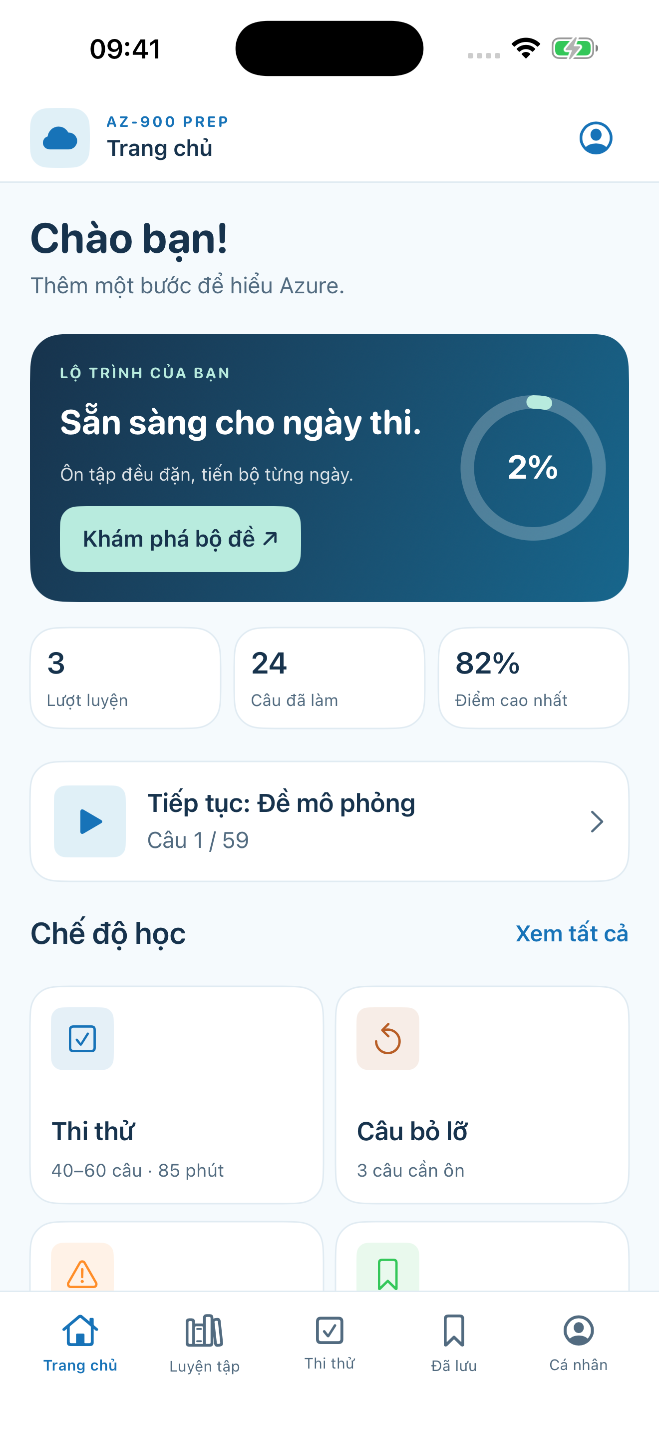 Màn hình chính ứng dụng AZ-900 Prep