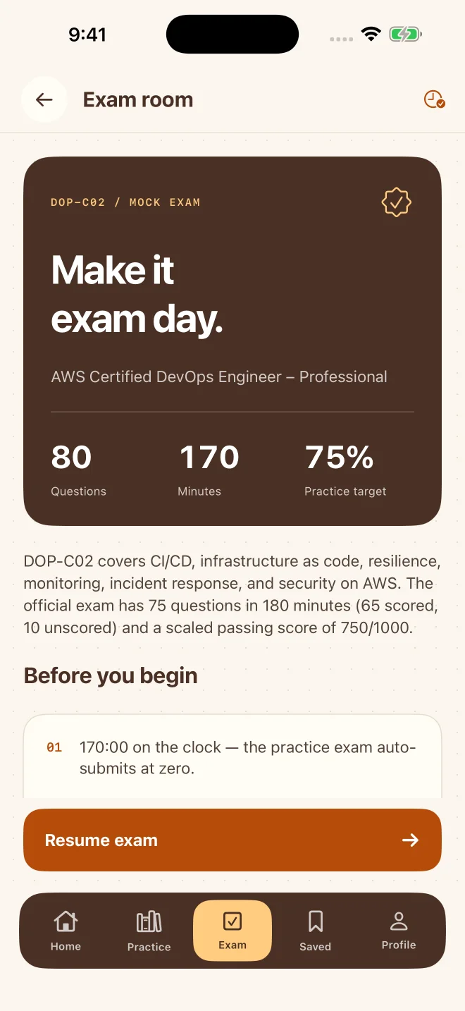 Timed practice exam screen showing 80 questions and 170 minutes