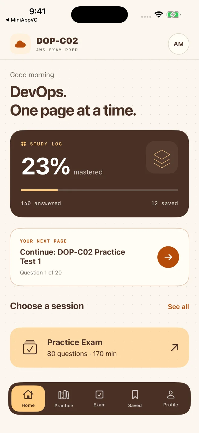 The app home screen with study progress and a saved session