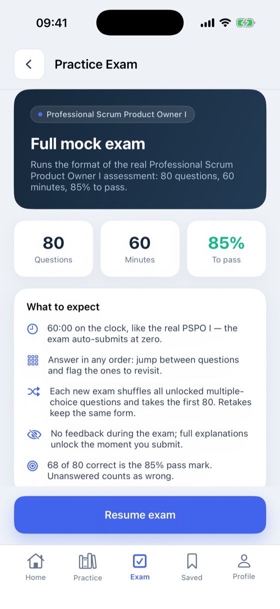 PSPOPrep full mock exam screen